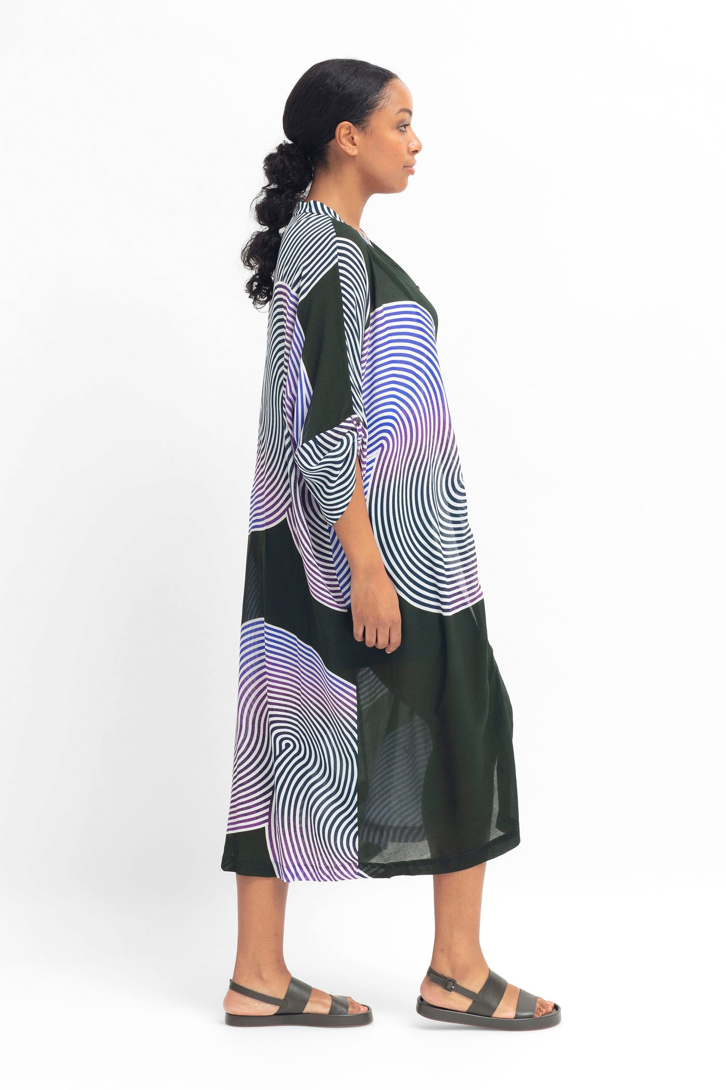 Soma Relaxed Kaftan Style Multi-Way Viscose Shirt Dress Model Side as Duster Jacket | OLIVE VIRLA PRINT