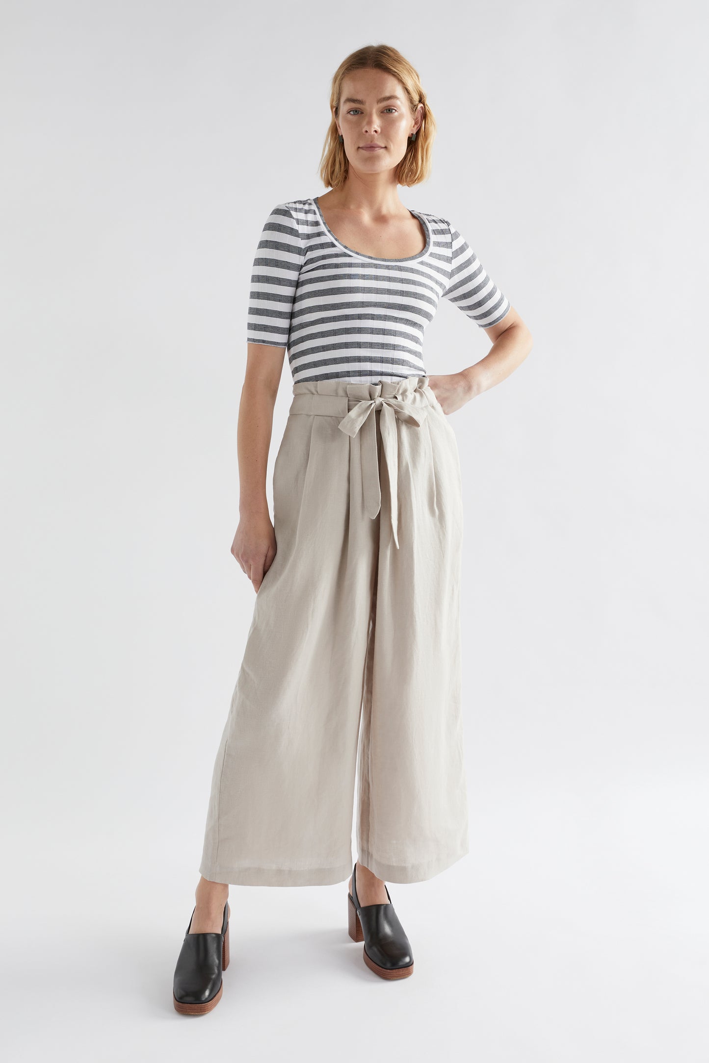 Colino French Linen High Waist Paper Bag Relaxed Pant Model Front new | FLAX
