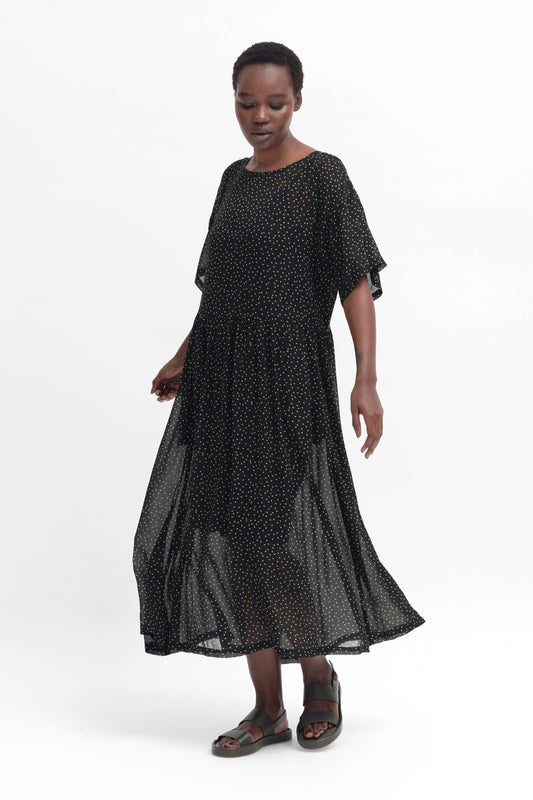 Ravnen  Print Sheer Dress and Slip Model Angled Front | TWILIGHT LIME SPOT MIKRO PRINT