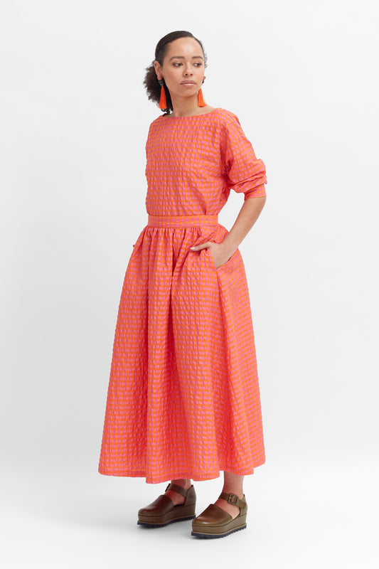 Lenkki Recycled Gingham A-line Skirt Model Outfit Side | ORCHID CITRUS CHECK