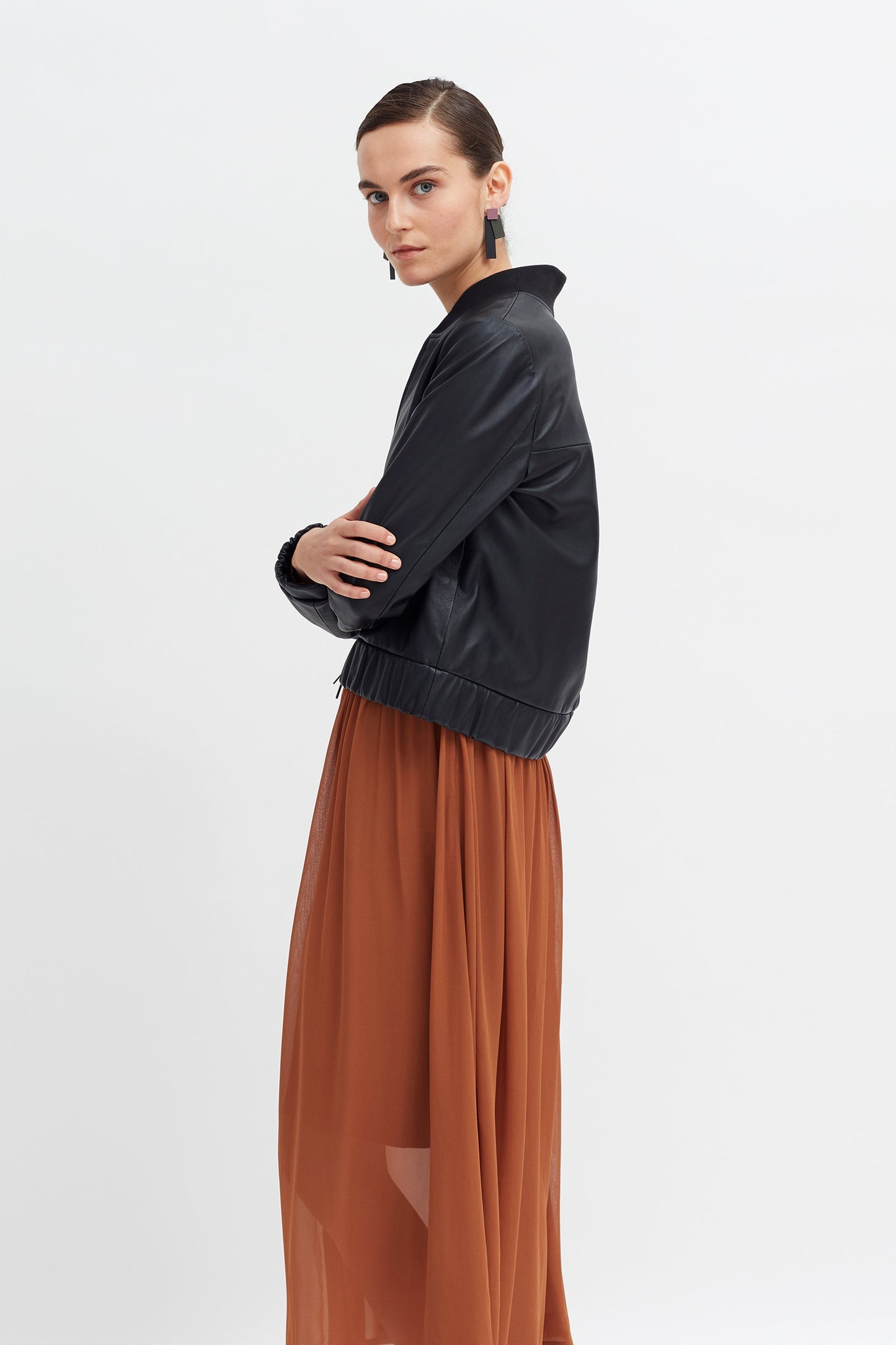 Teig Leather Zip Up Bomber Jacket Model Side | BLACK