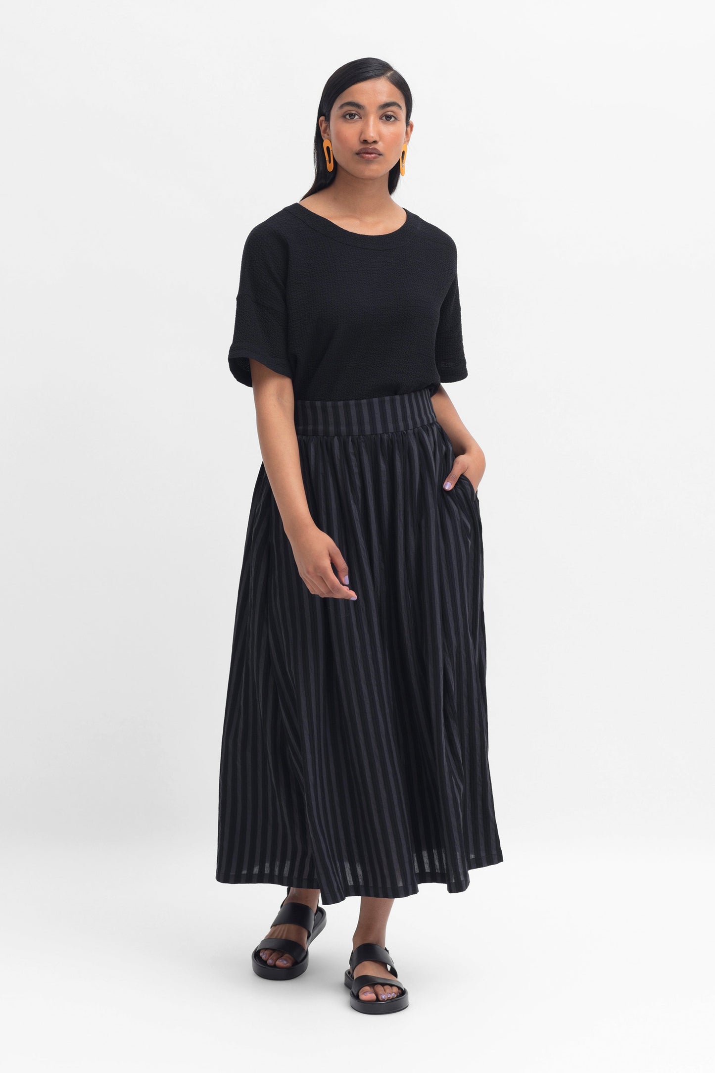 Ond Organic Cotton and Viscose Stripe Midi Skirt Model Front with Otilde Tee | BLACK