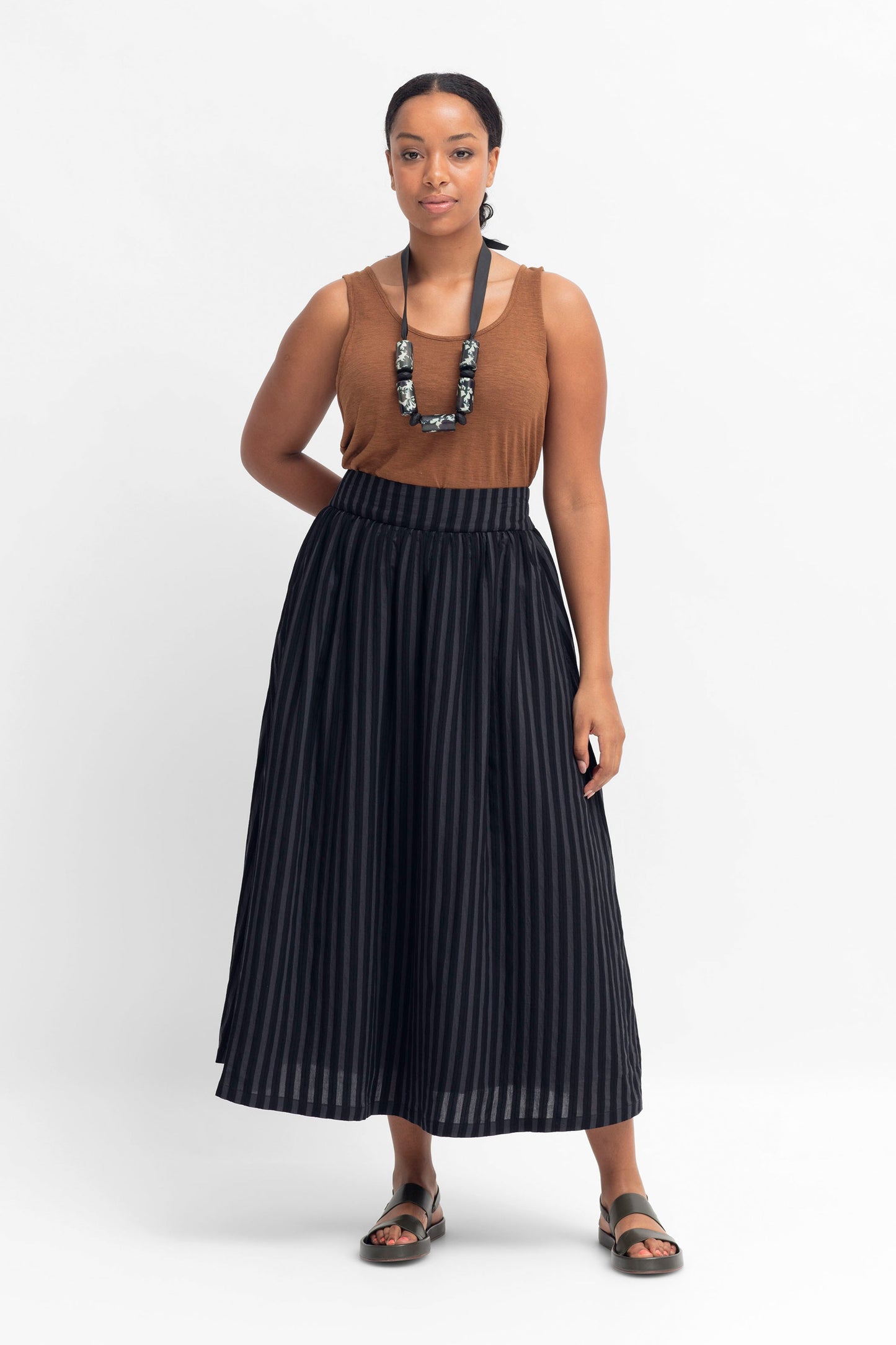Ond Organic Cotton and Viscose Stripe Midi Skirt Model Front with Jaana Tank | BLACK