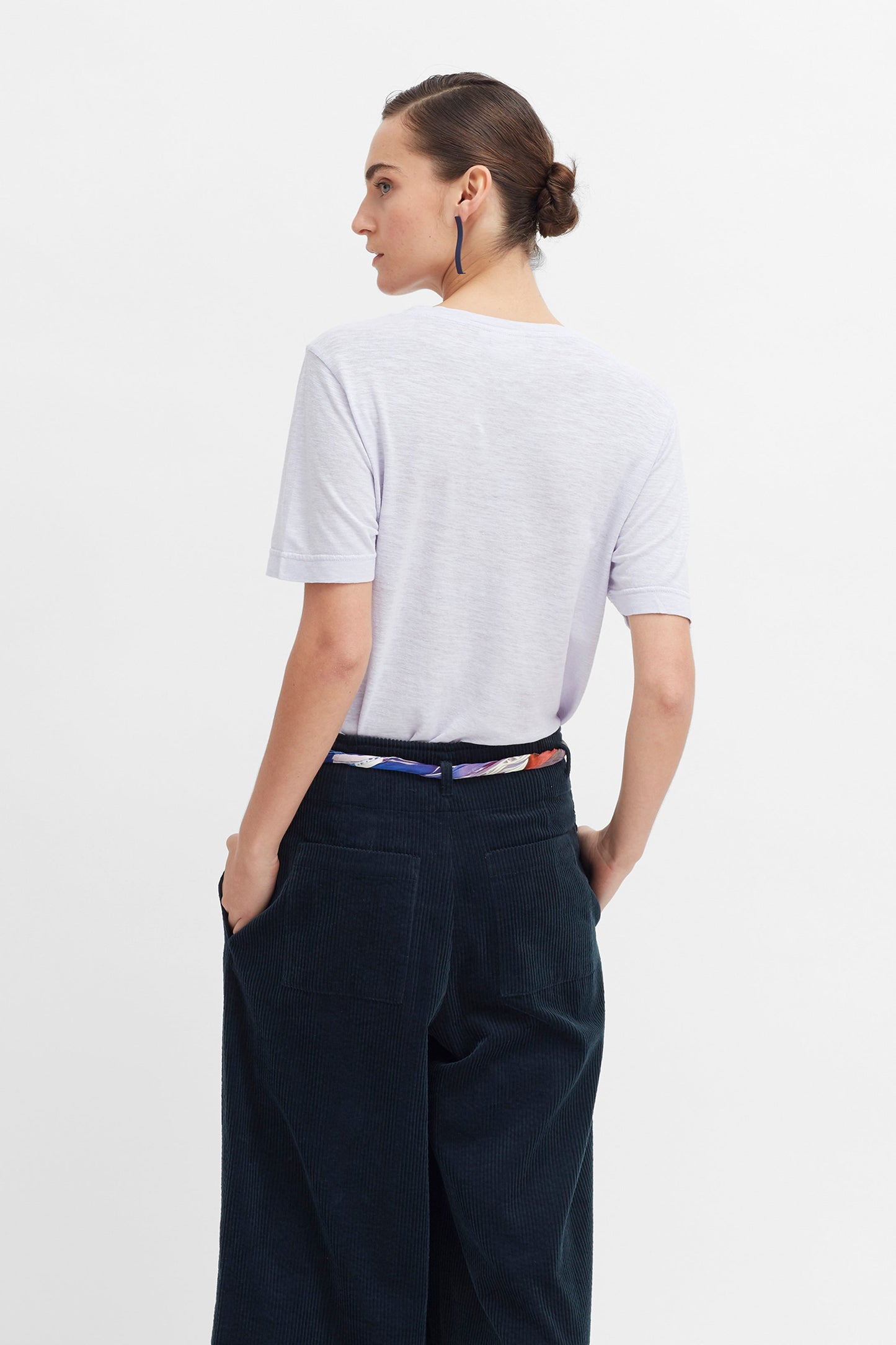 Ranell Sustainable Hemp and Organic Cotton V-Neck T Shirt Model Back Tucked In Crop | LILAC