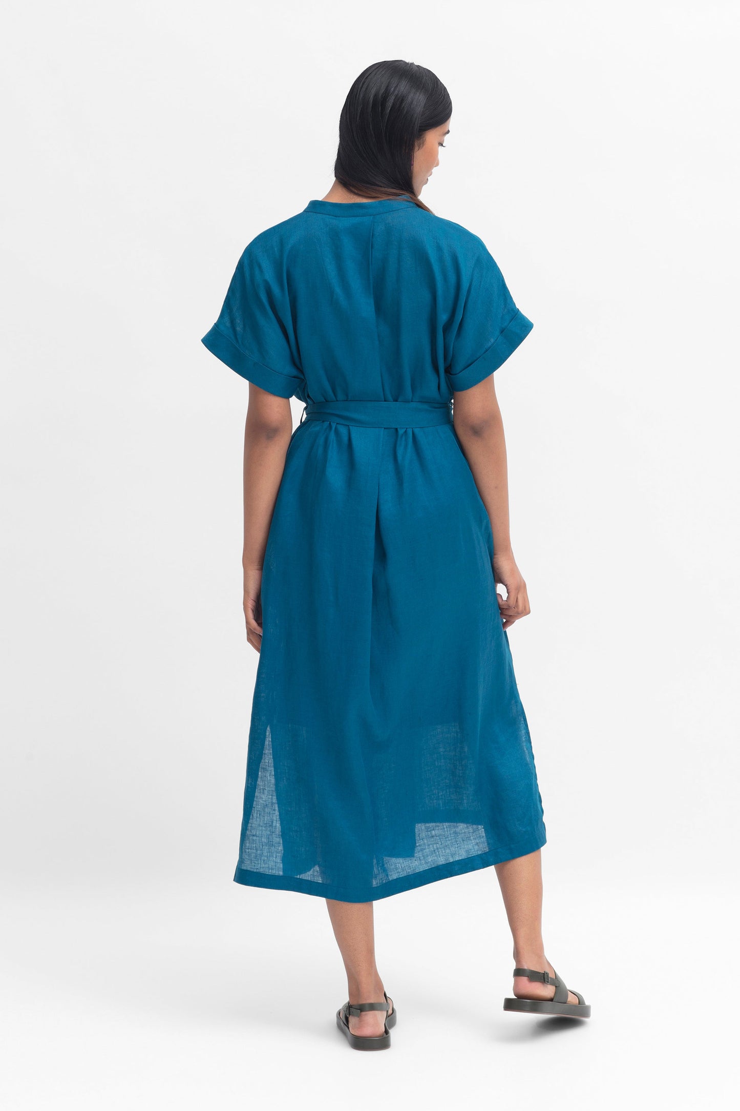 Mies French Linen Collarless Shirt Dress with Tie and Slip Model Back | TEAL