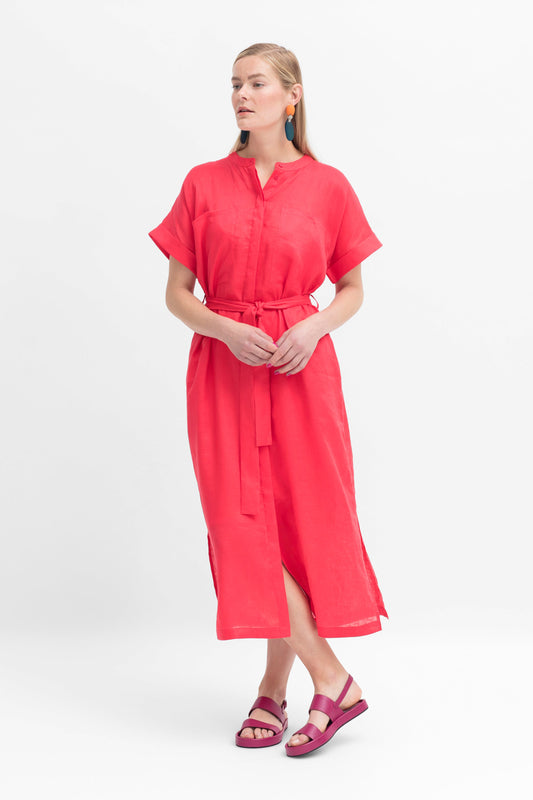 Mies French Linen Collarless Shirt Dress with Tie and Slip Model Front | CORAL PINK