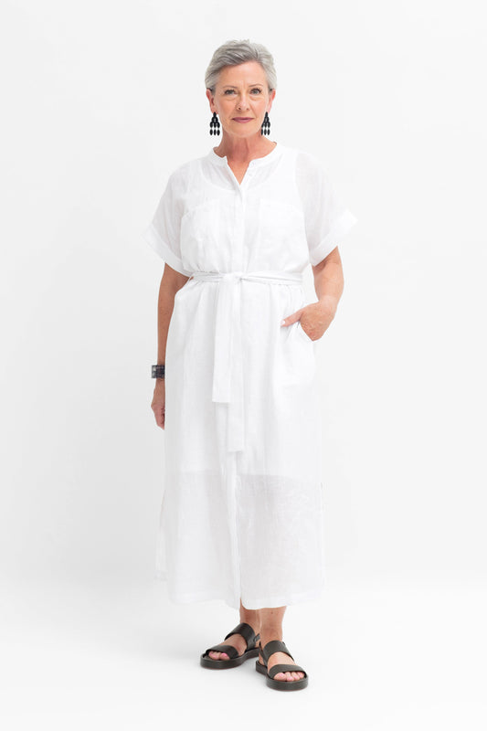 Mies  French Linen Collarless Shirt Dress with Tie and Slip Model Front | WHITE