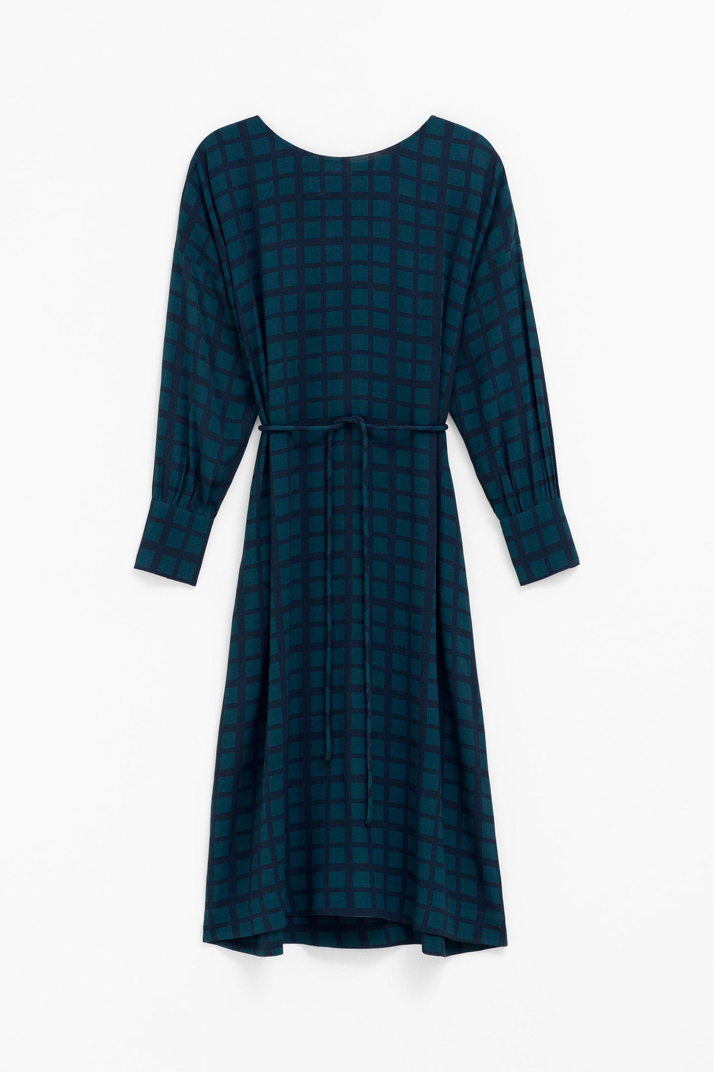 Krata Mid Length Billow Sleeve Check Print Shift Dress Front | NAVY KOMBU GREEN CHECK