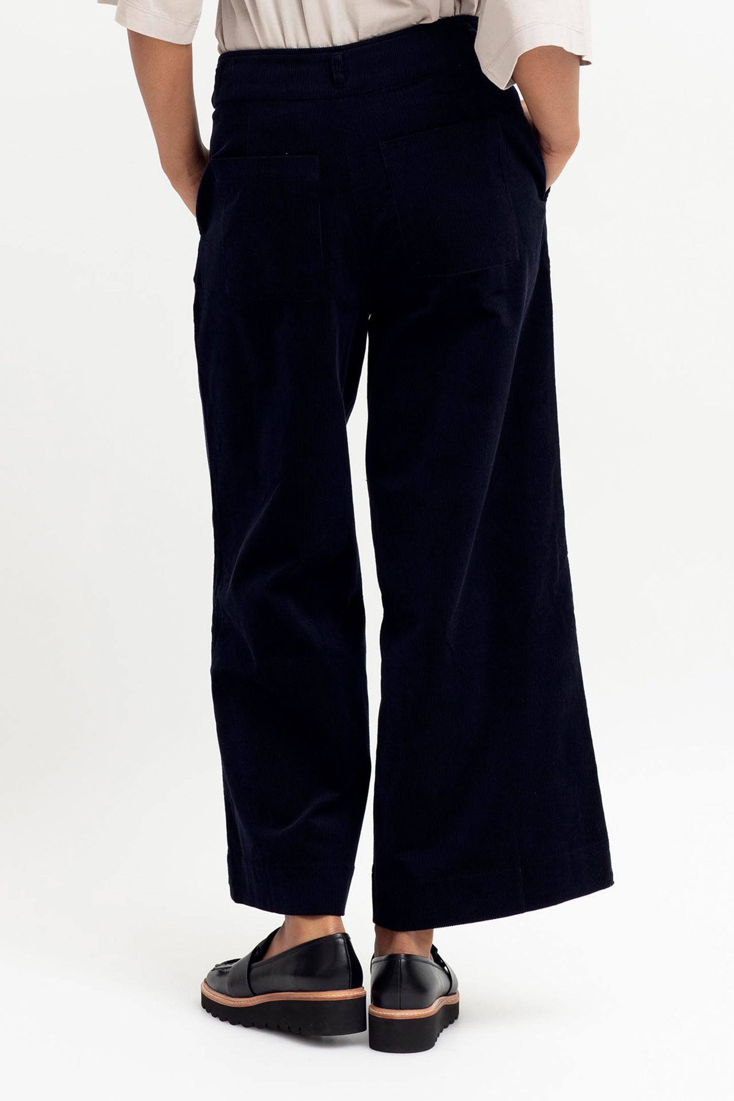 Koord Organic Cotton Wide Leg Corduroy Pant Model Back | STEEL BLUE