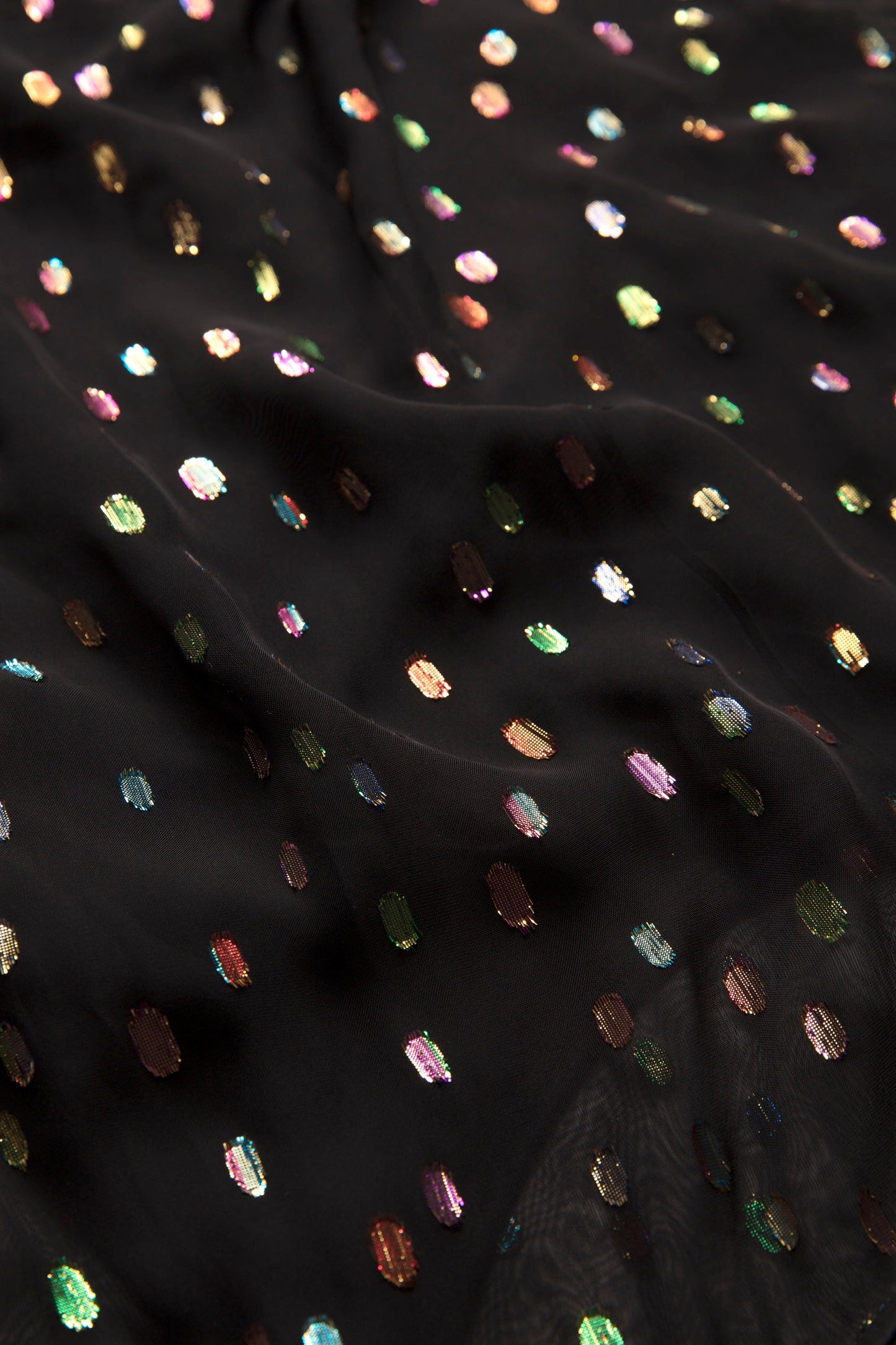 Skir Semi Sheer Viscose Metallic Rainbow Spot Party Top Fabric detail | BLACK