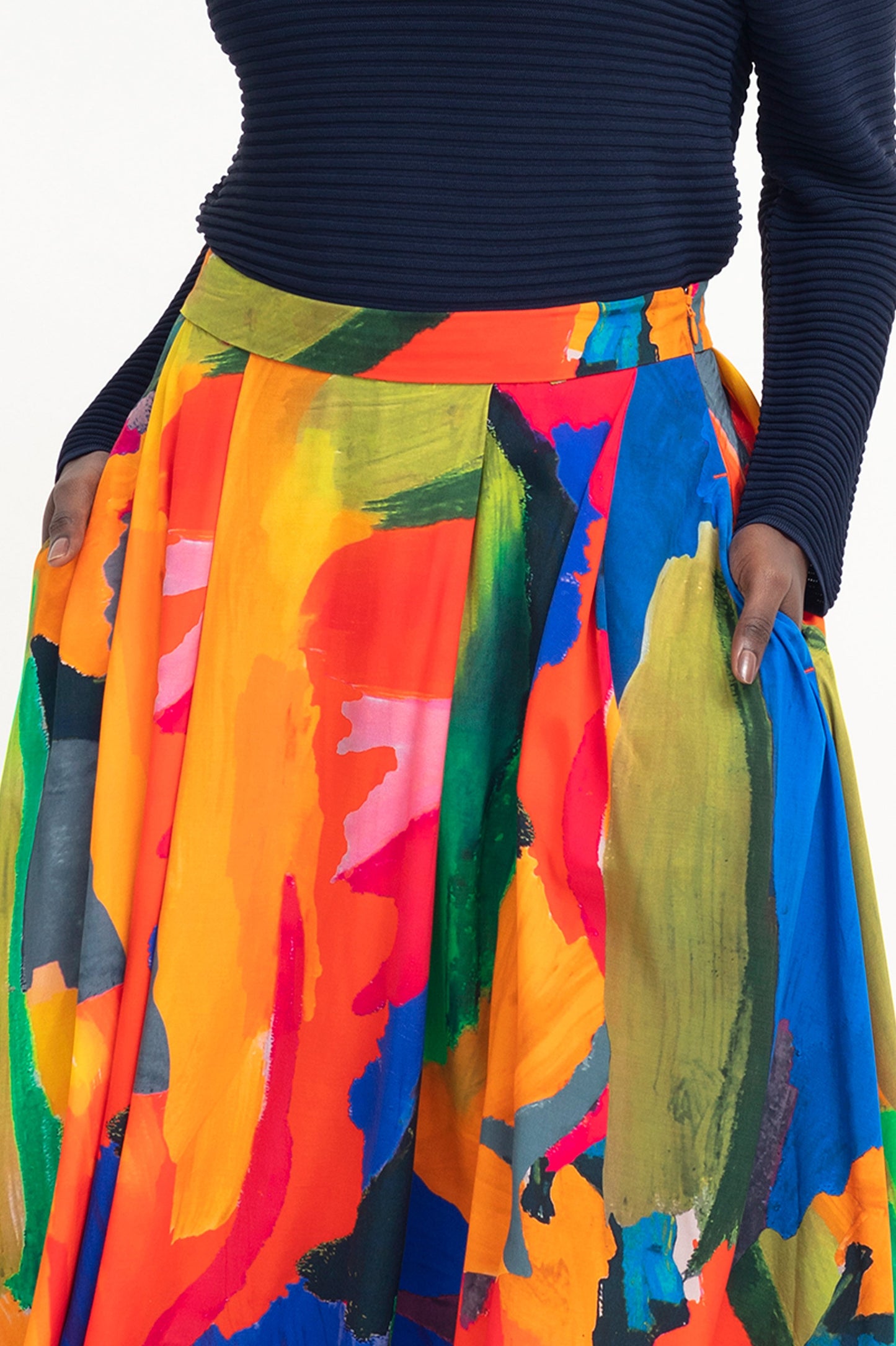 Danse High Low Hem Statement Print Skirt Model Front Detail | KALO PRINT