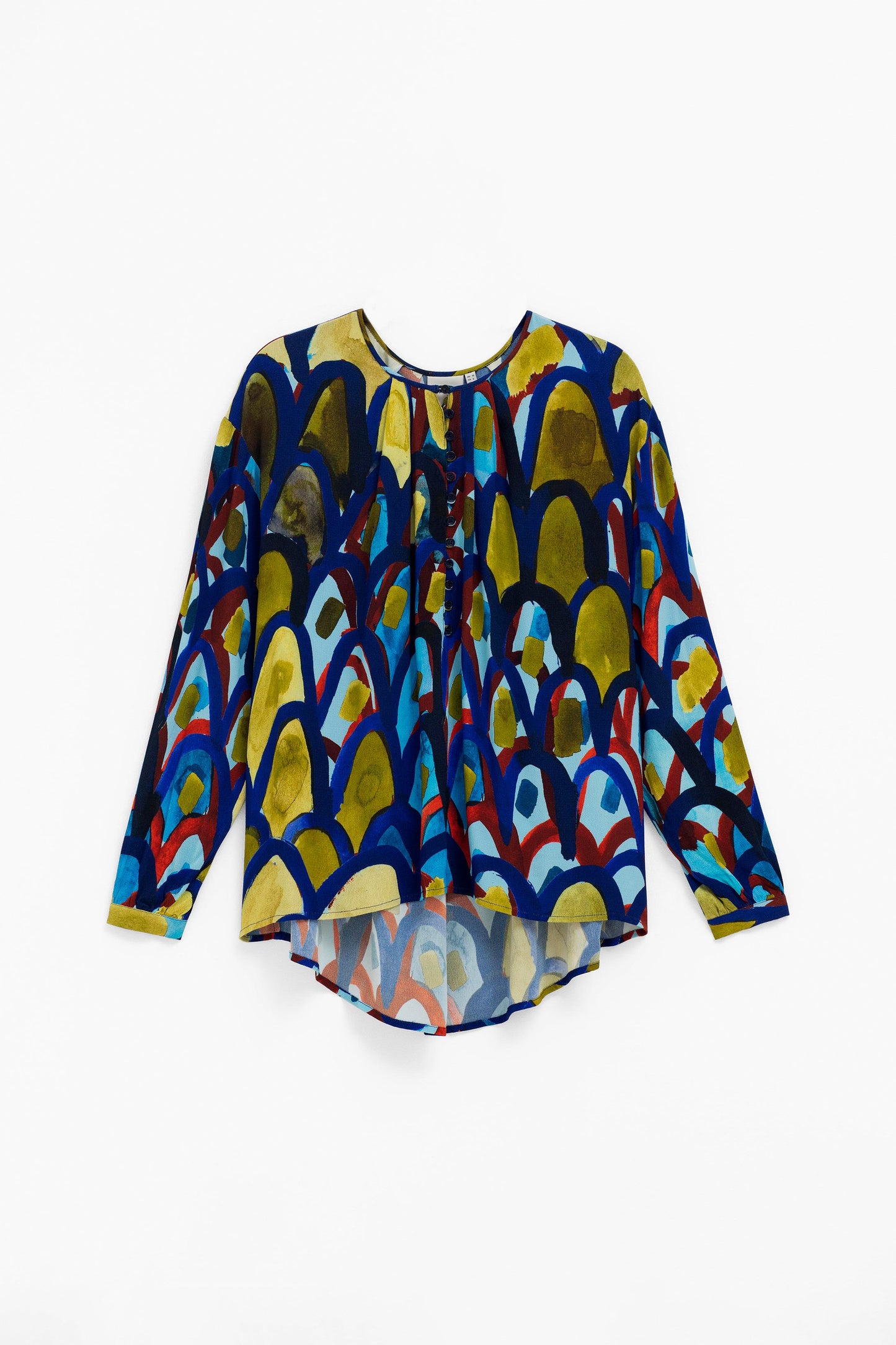 Galerie A-line Collarless Print Shirt with Back Pleat Detail Front | BUE PRINT