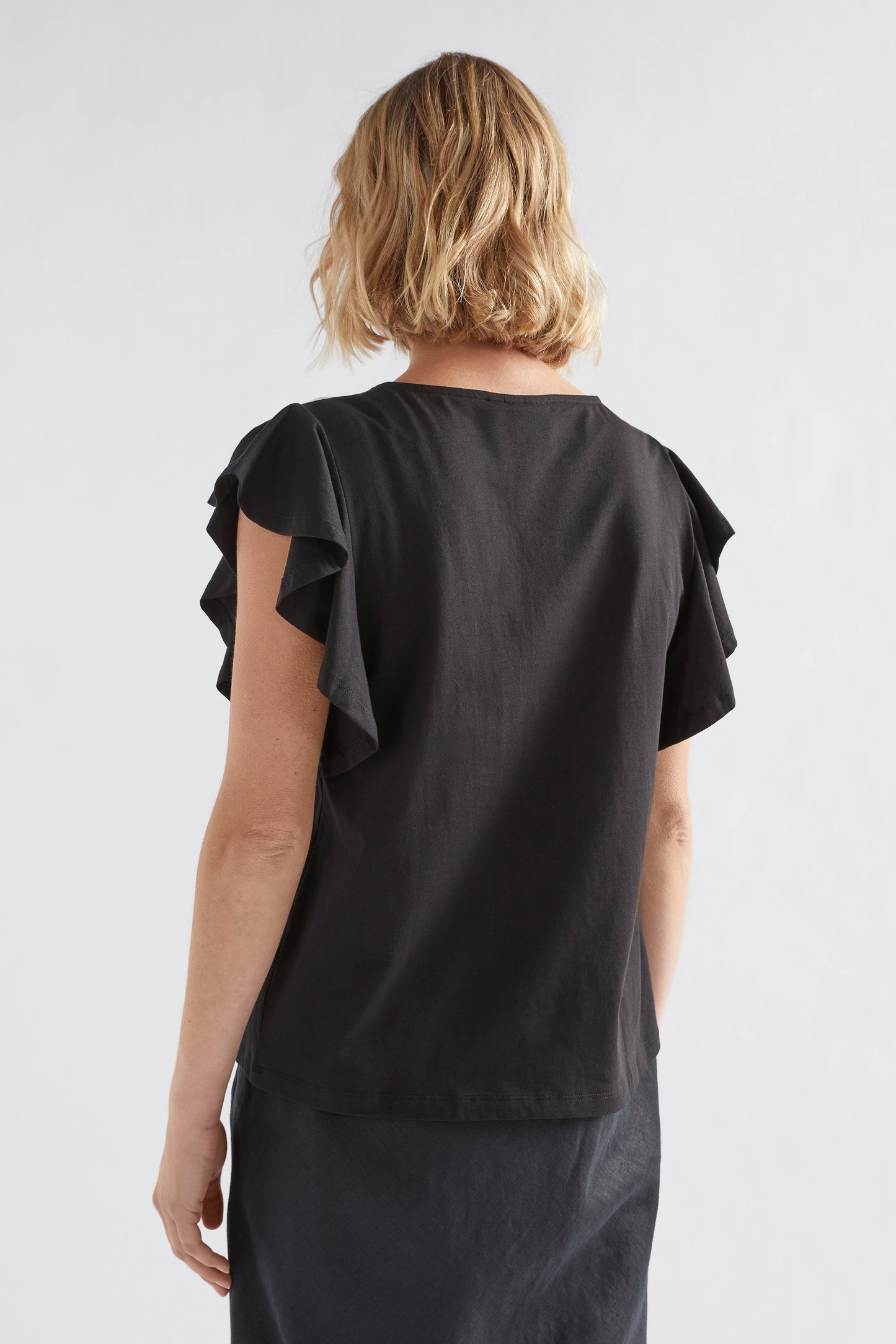 Kalen Organic Cotton Jersey Ruffle Sleeve Top Model Back | BLACK