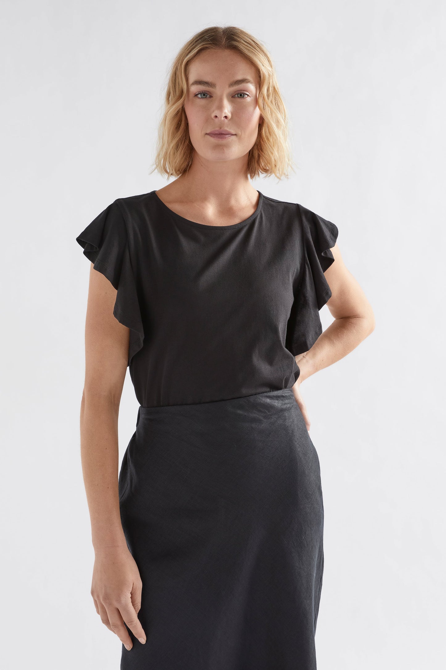 Kalen Organic Cotton Jersey Ruffle Sleeve Top Model Front | BLACK