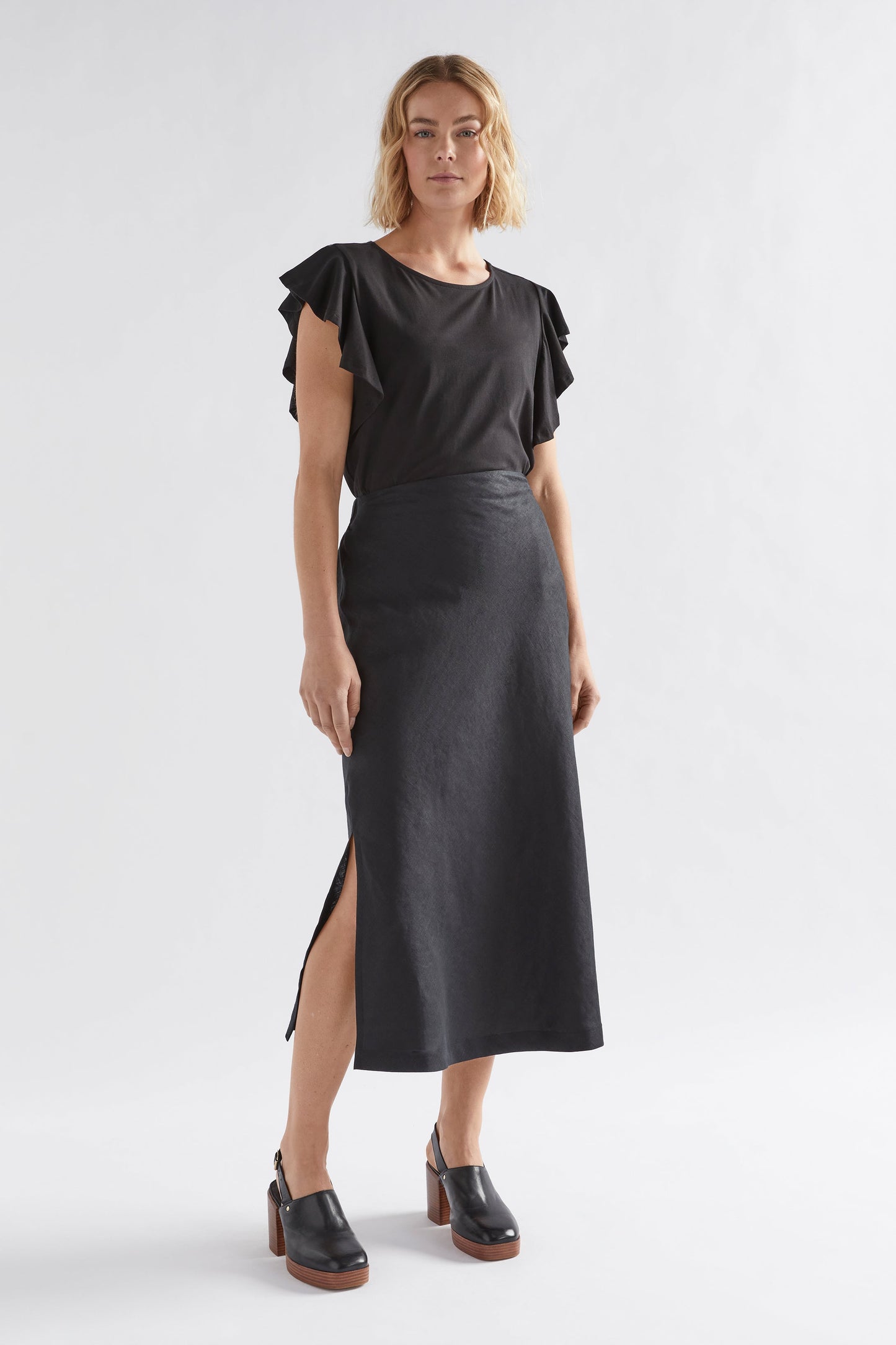 Kalen Organic Cotton Jersey Ruffle Sleeve Top Model Front full body | BLACK