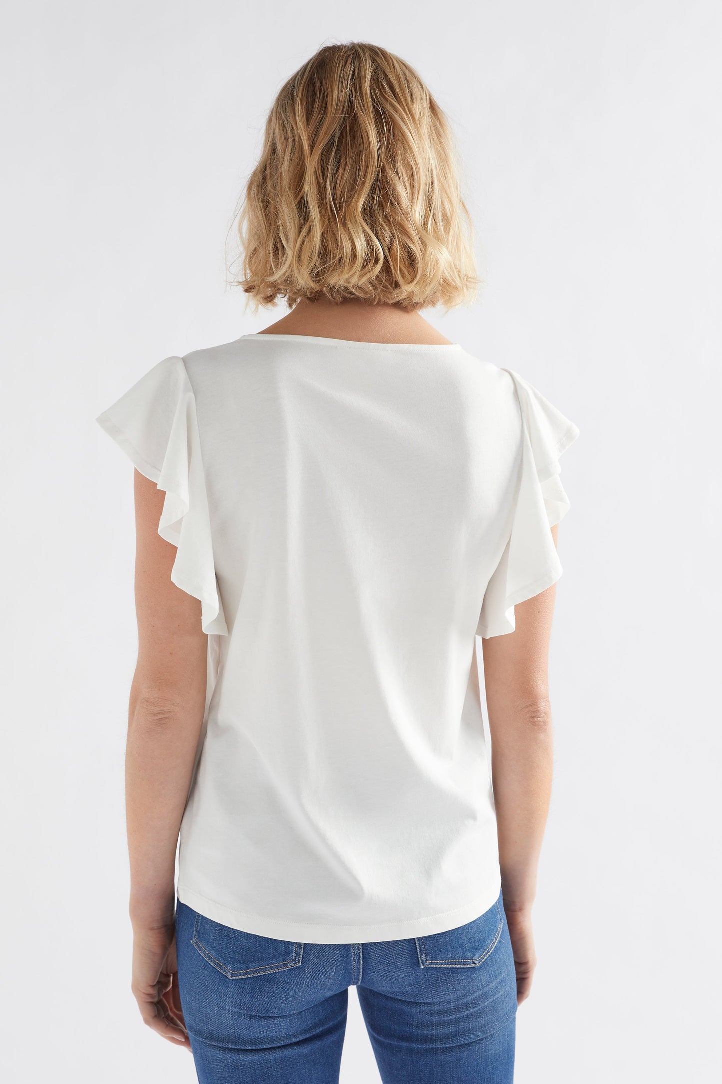 Kalen Organic Cotton Jersey Ruffle Sleeve Top Model Back | WHITE
