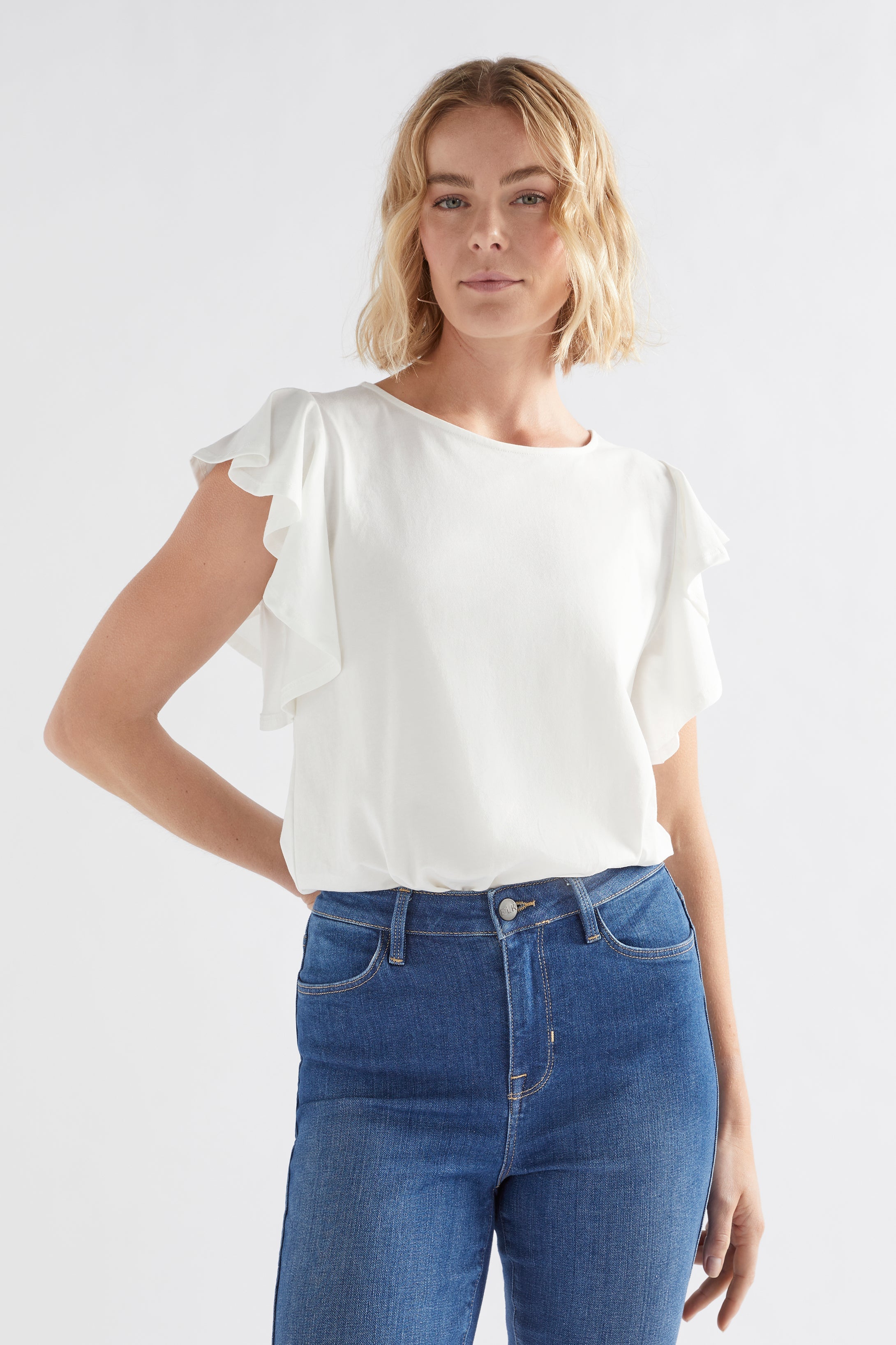 Kalen Organic Cotton Jersey Ruffle Sleeve Top Model Front | WHITE