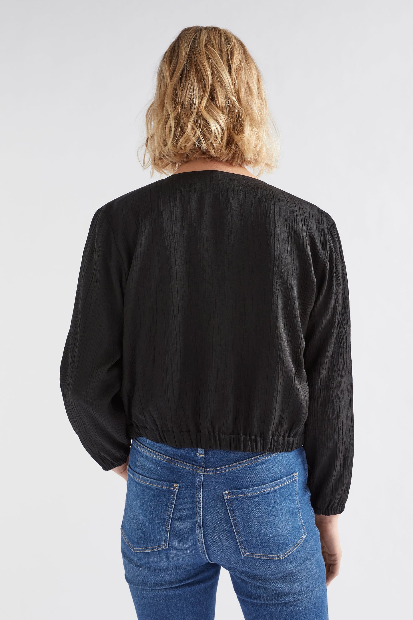 Joen Cropped Crinkle Fabric Zip Up Jacket model back | BLACK