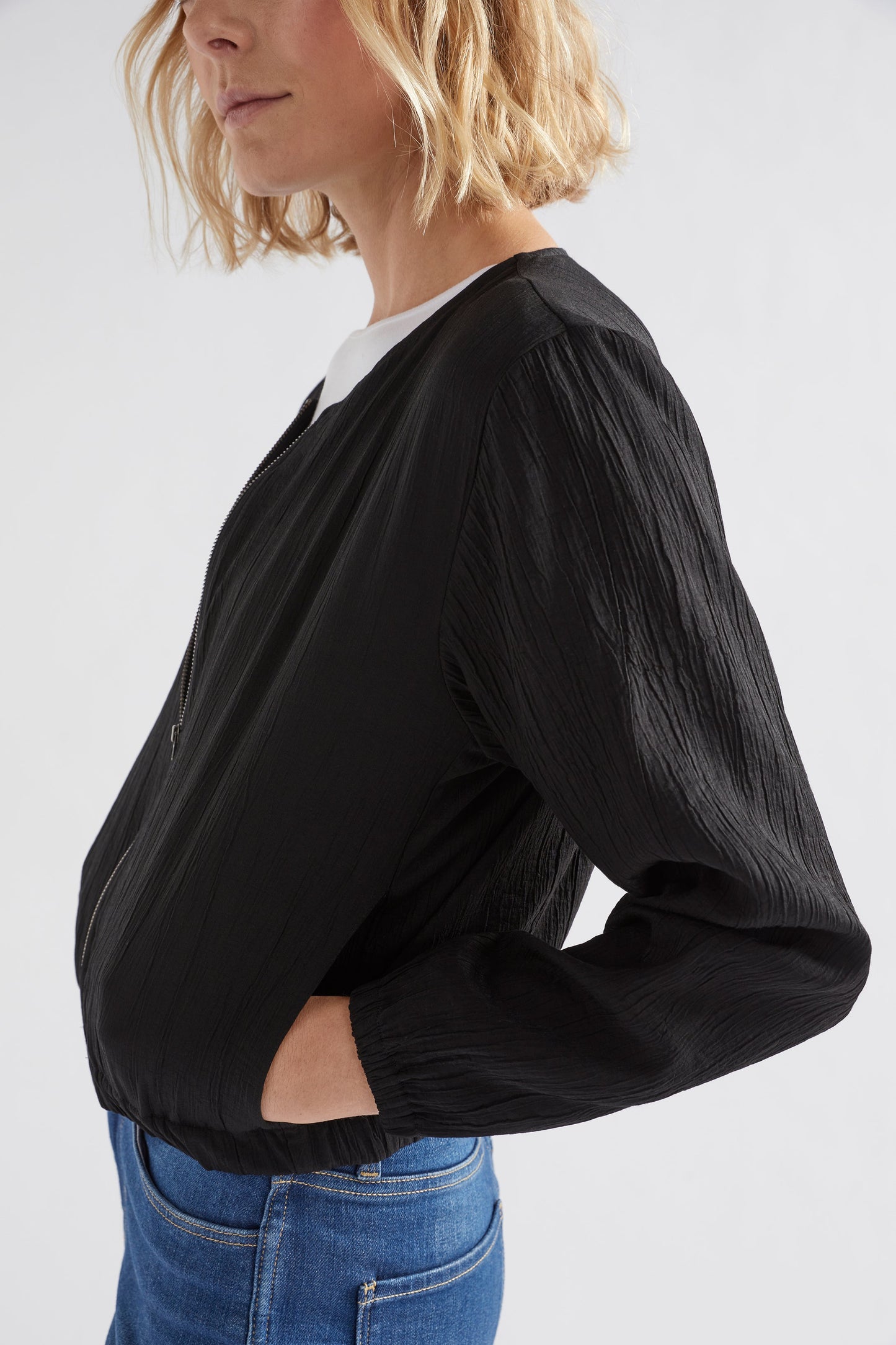 Joen Cropped Crinkle Fabric Zip Up Jacket model side | BLACK