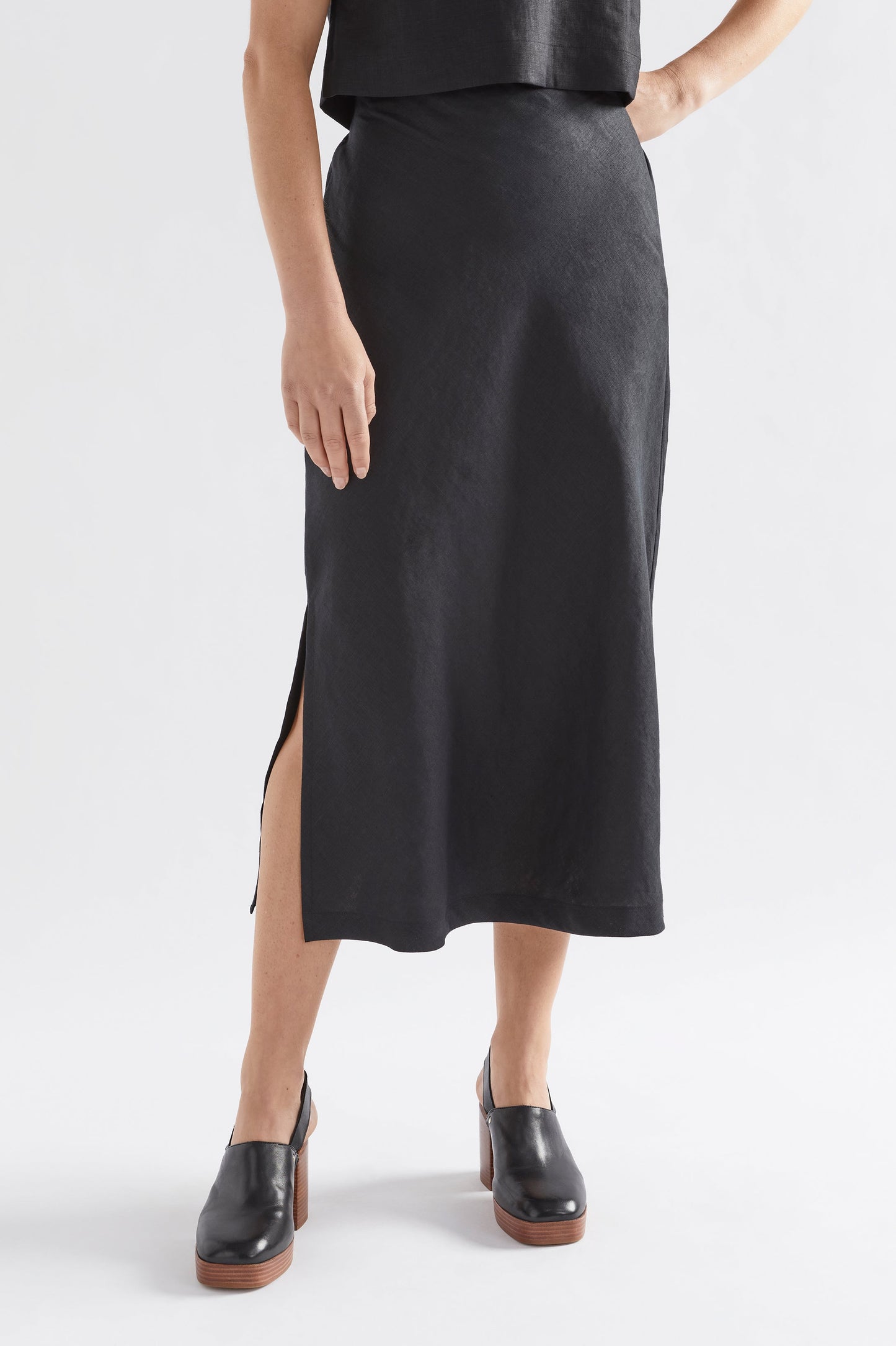 Stilla Midi Pencil Skirt with Side Splits Model Front crop | BLACK