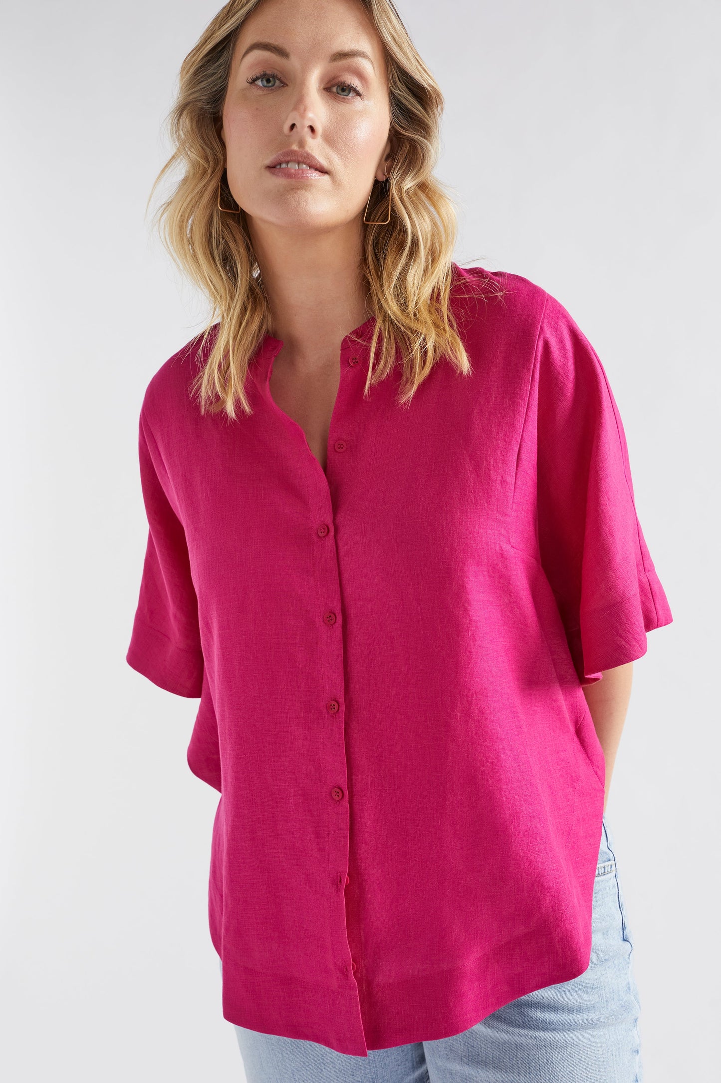 Elev Linen Cape-style Shirt Model Front | BRIGHT PINK