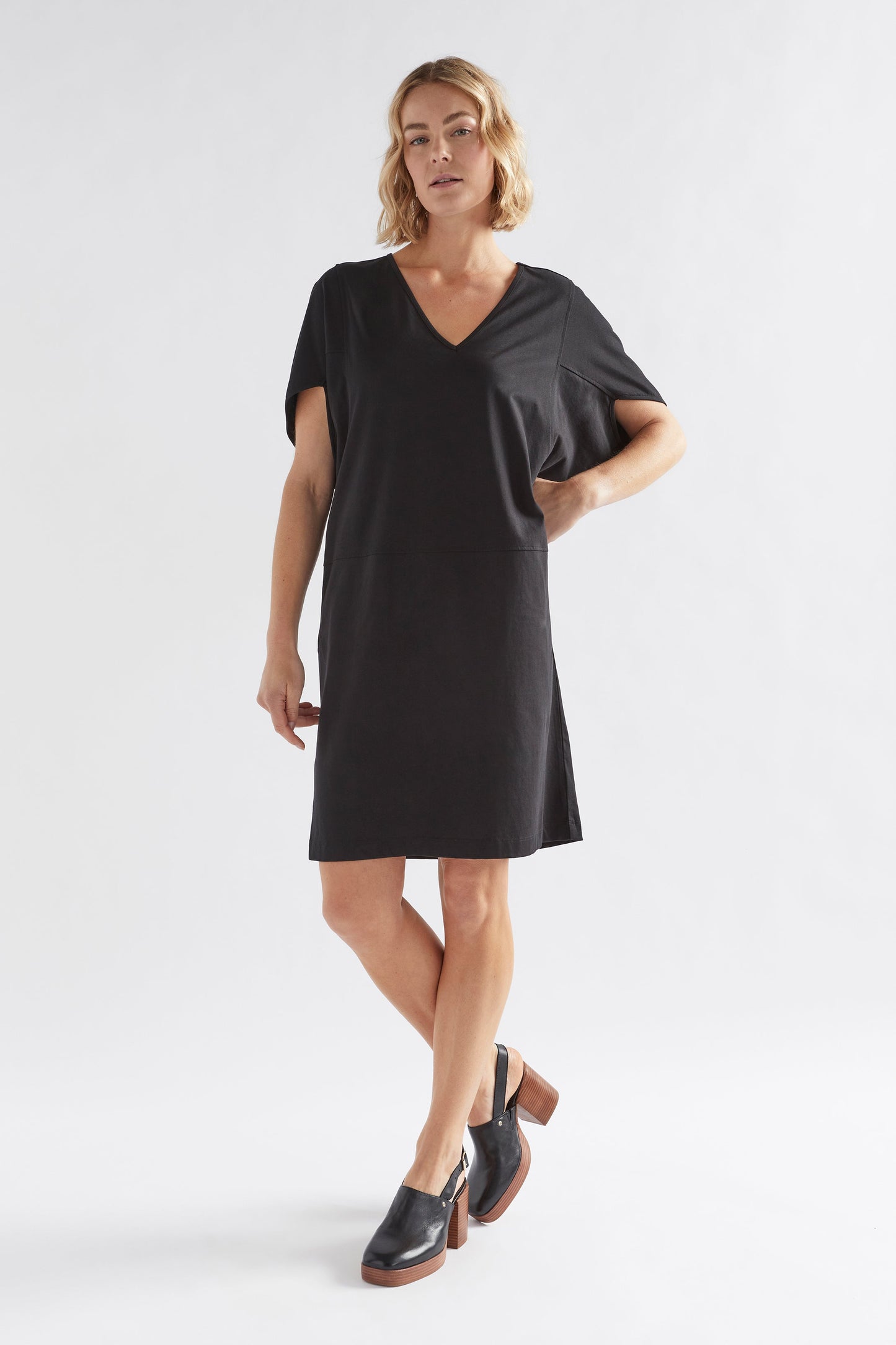 Nid Organic Cotton Jersey V-neck Dress Model Front | BLACK
