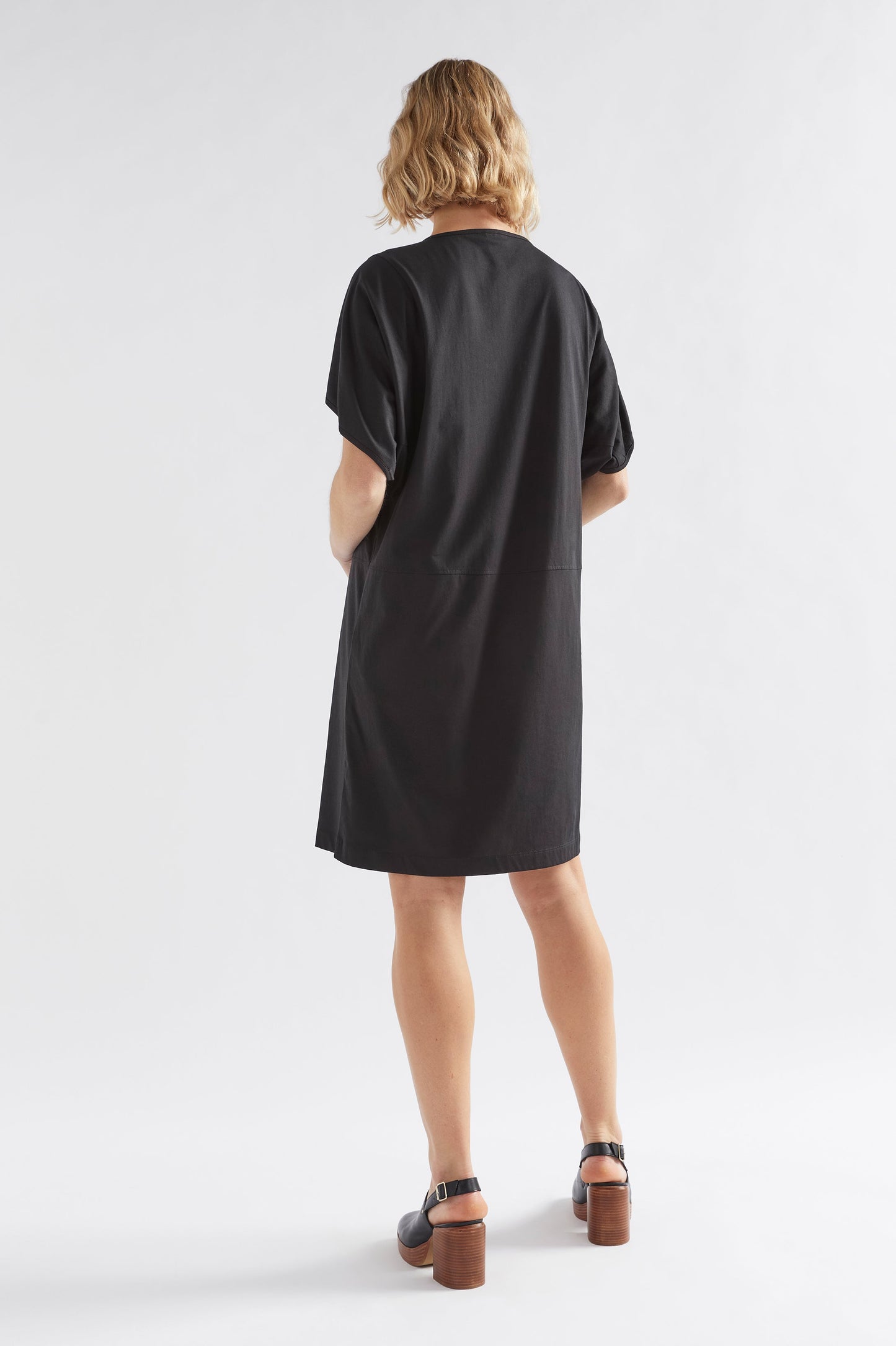 Nid Organic Cotton Jersey V-neck Dress Model Back | BLACK
