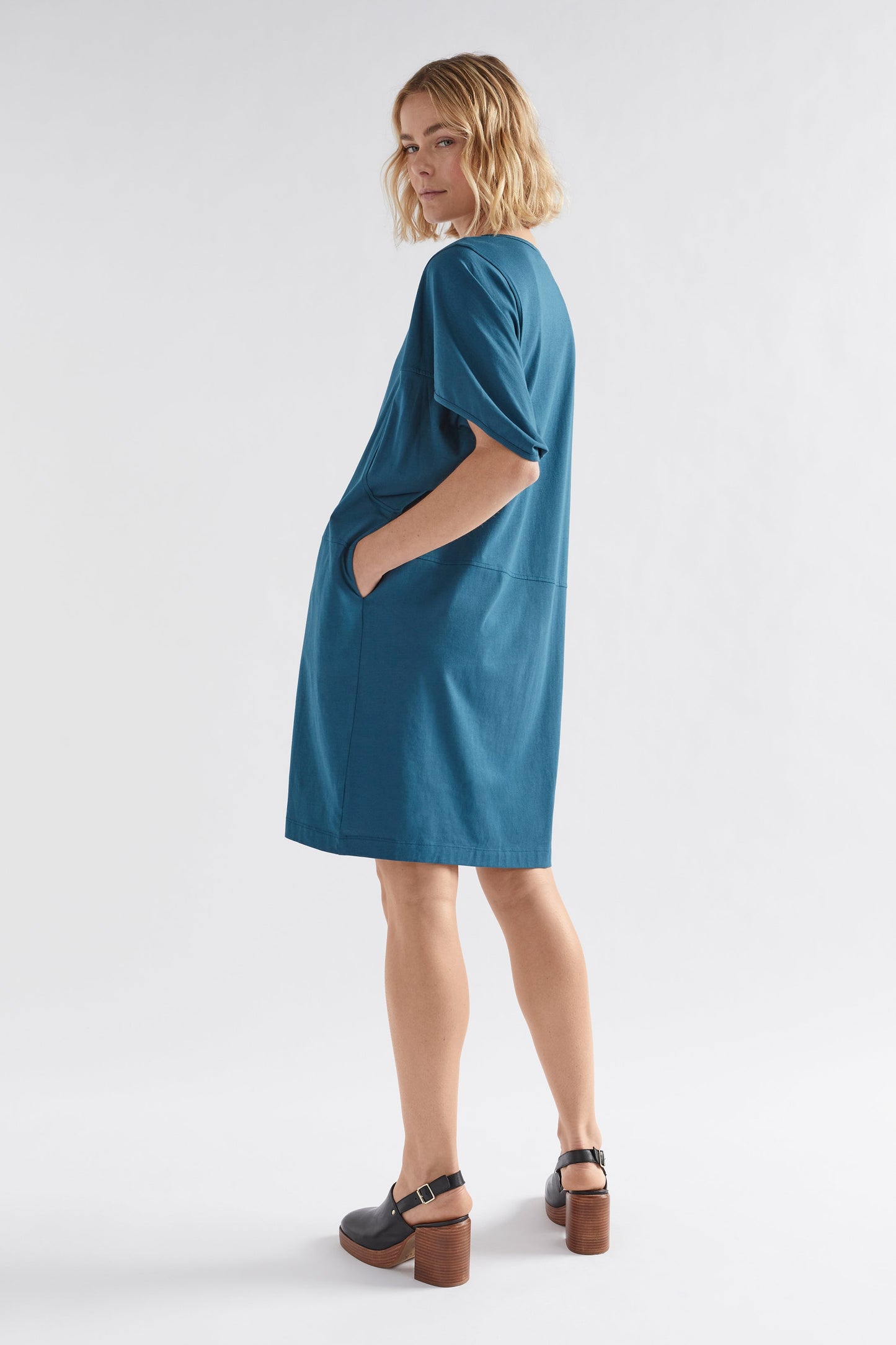 Nid Organic Cotton Jersey V-neck Dress Model Side | PEACOCK