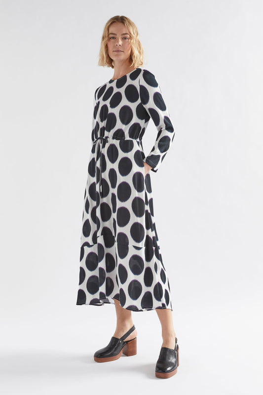 Ero Long Sleeve Midi Spot Print Dress Model Angled Front |  SOFT SPOT PRINT