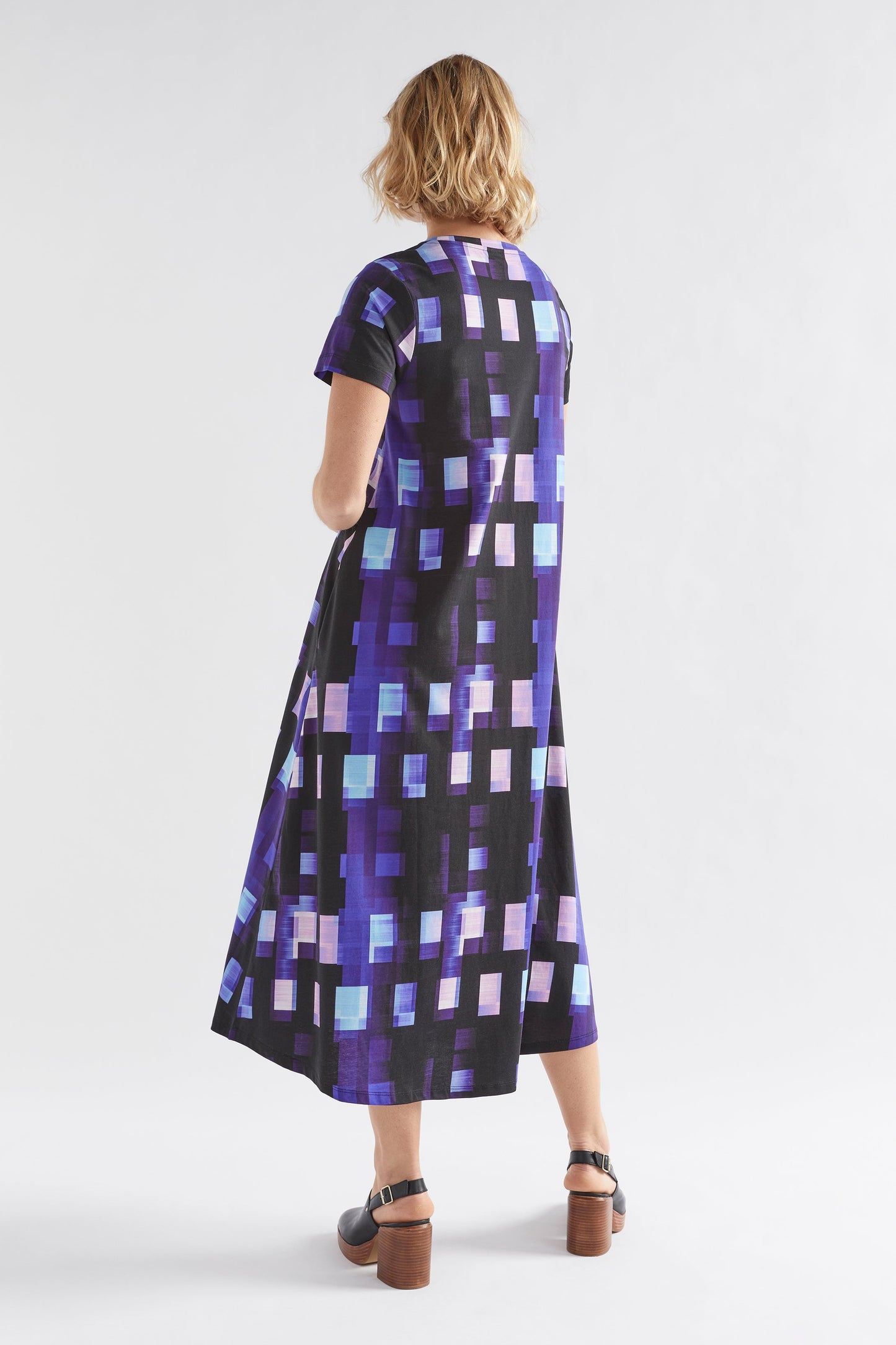 Holst Organic Cotton Print Long Jersey T-shirt Dress Model Back | BLUE SHUTTER GRID