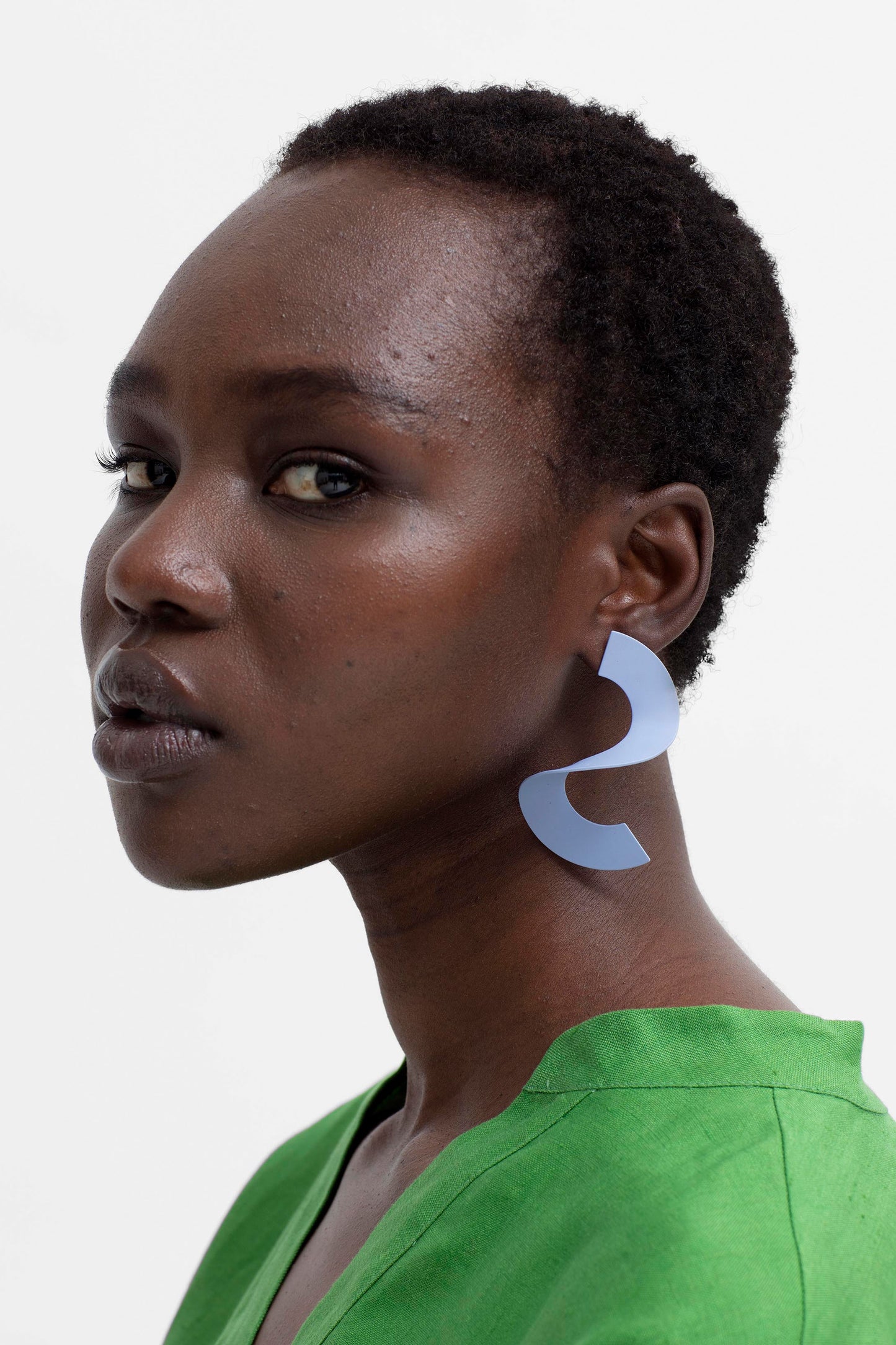 Ess Sculptural Colour Coated Statement Earring Model Front | BLUE FOG