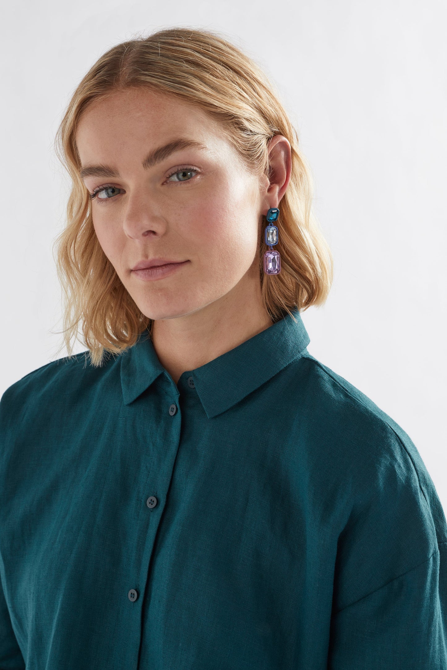 Jule Statement Triple Drop Coloured Glass Earring Model | TEAL BLUE
