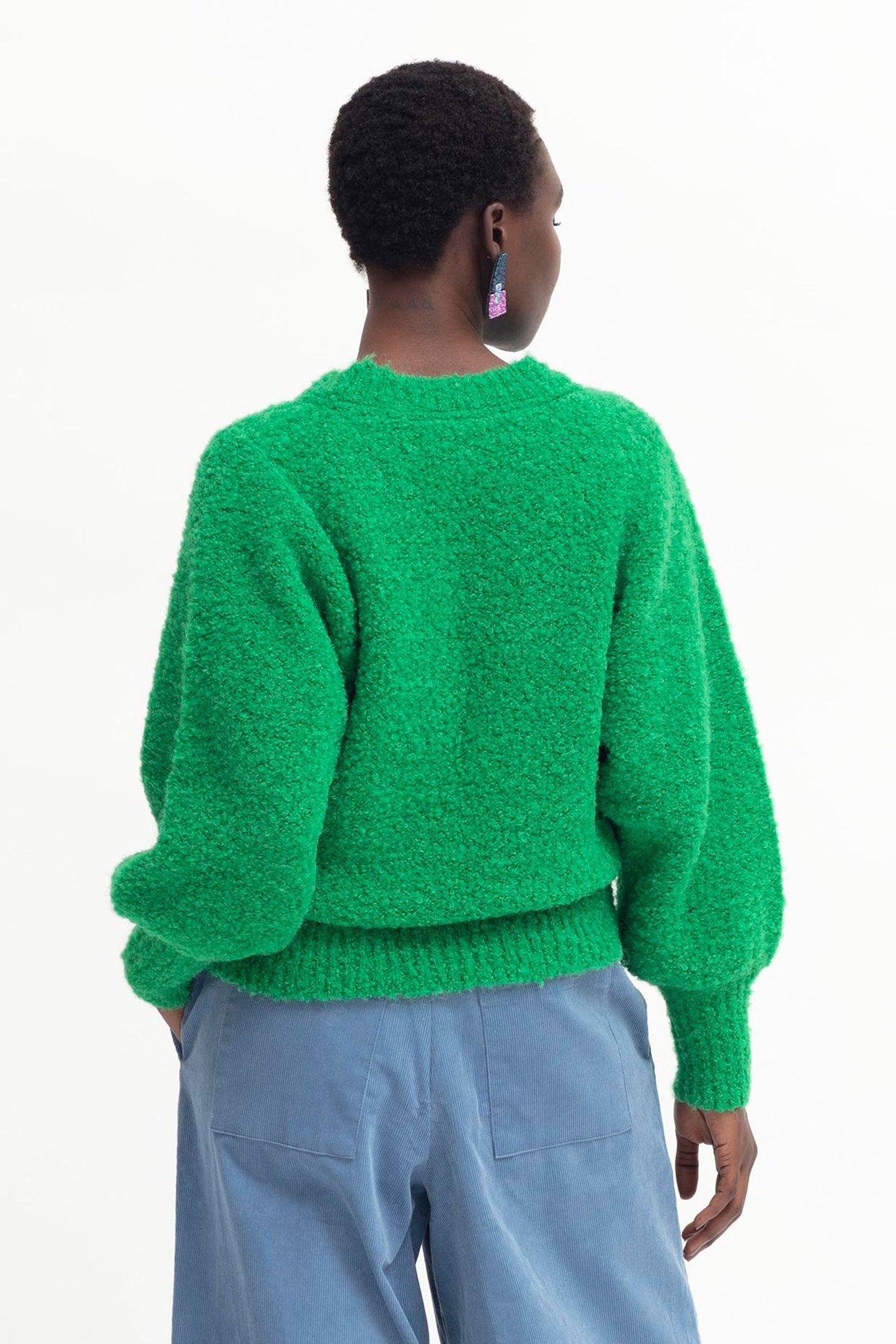 Tukko Textured Boucle Balloon Sleeve Knit Sweater Model Back | IVY GREEN