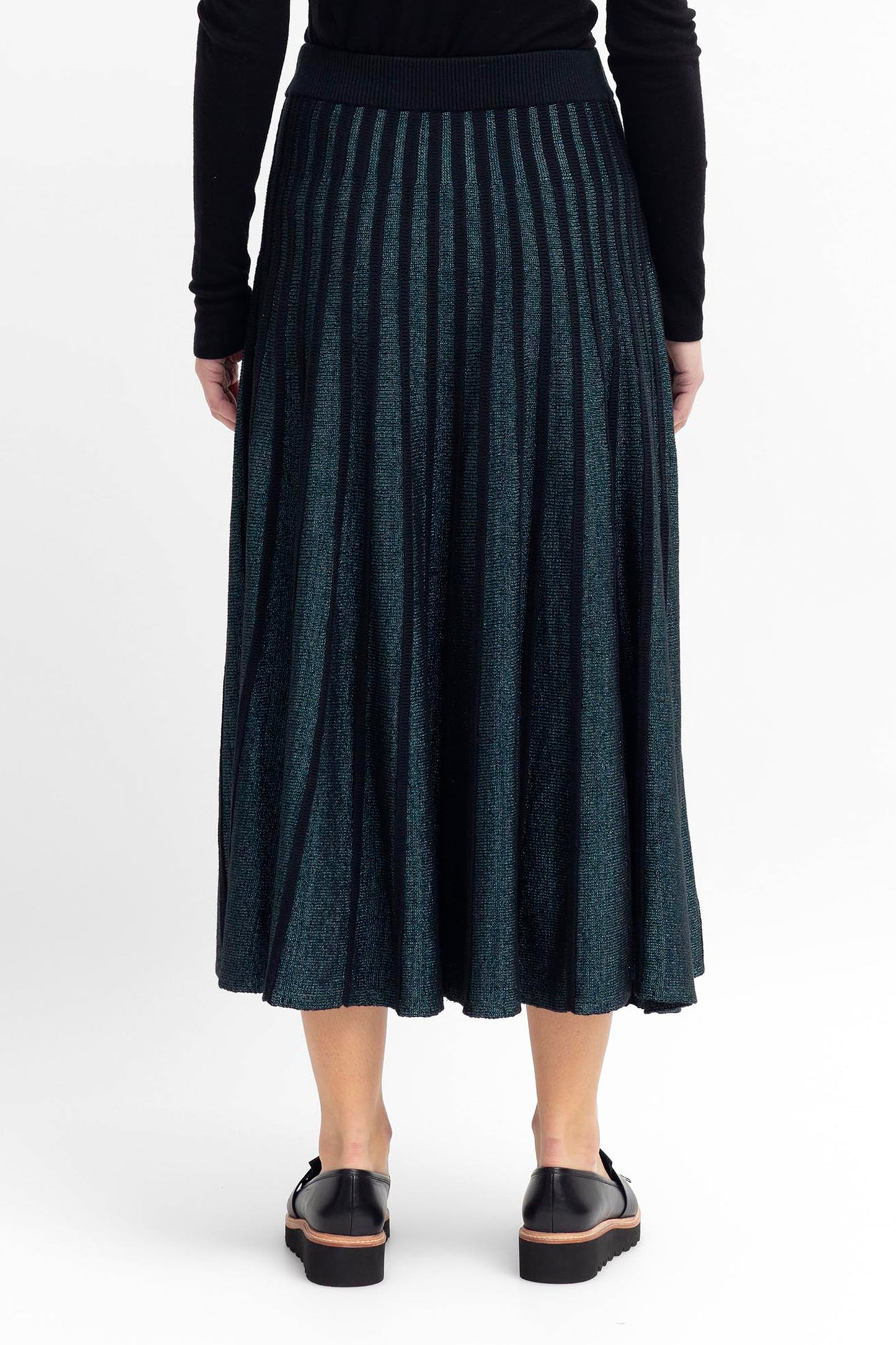 Glittra Lurex Knit Metallic A-Line Skirt Model Back | TEAL METALLIC