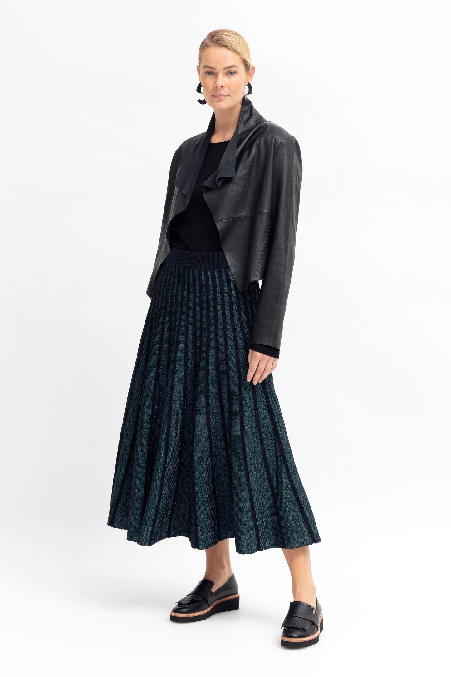 Glittra Lurex Knit Metallic A-Line Skirt Model Front Full Body | TEAL METALLIC