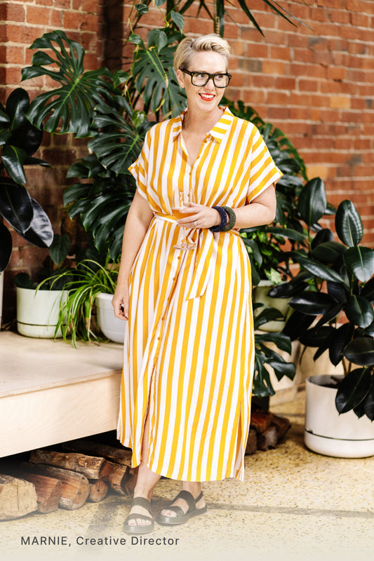 Maika Stripe Sustainable Viscose Shirt Dress Model Front Tied Marnie | TURMERIC LIGHT PINK STRIPE