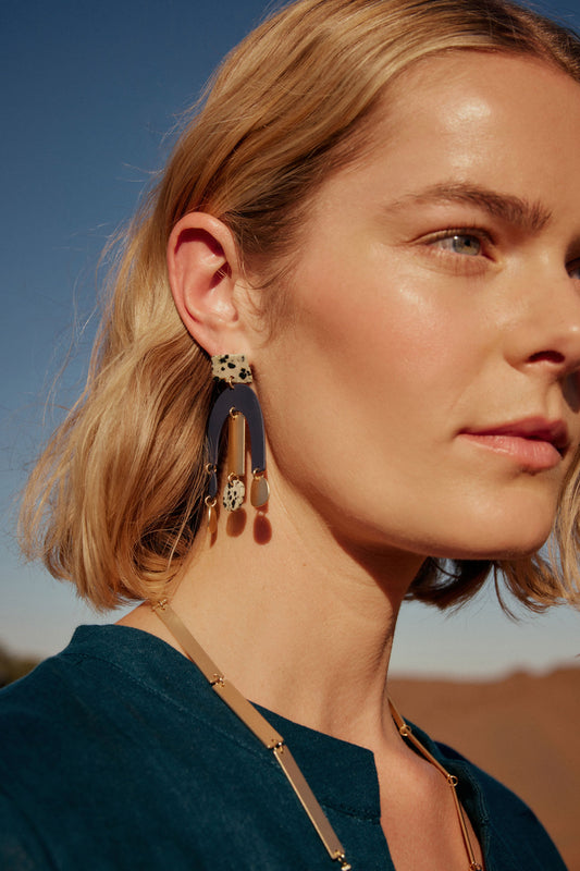Maddi Stone and Brass Drop Earring Model STEEL BLUE