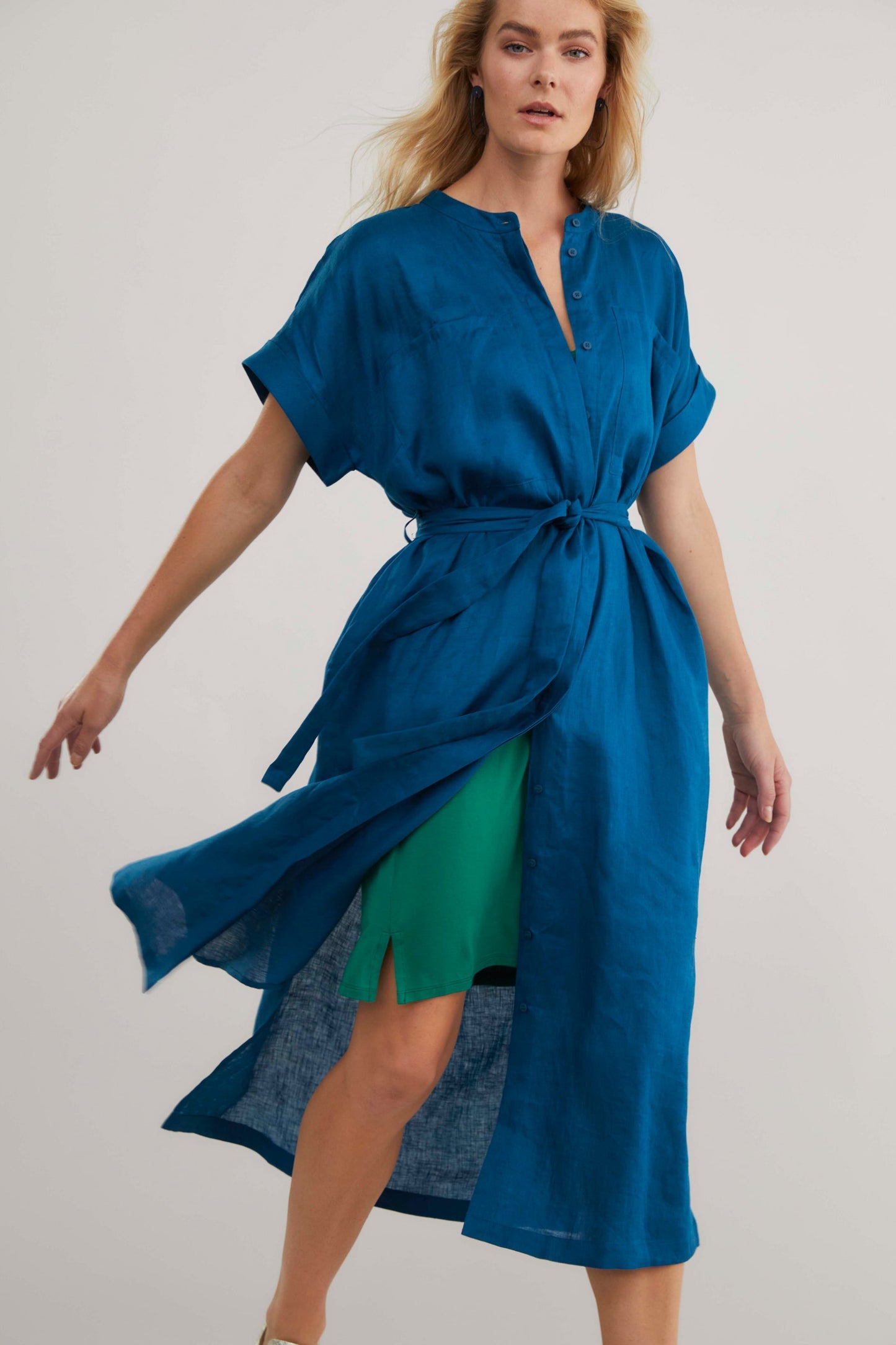  Mies French Linen Collarless Shirt Dress with Tie and Slip Model Front Campaign 2 | TEAL